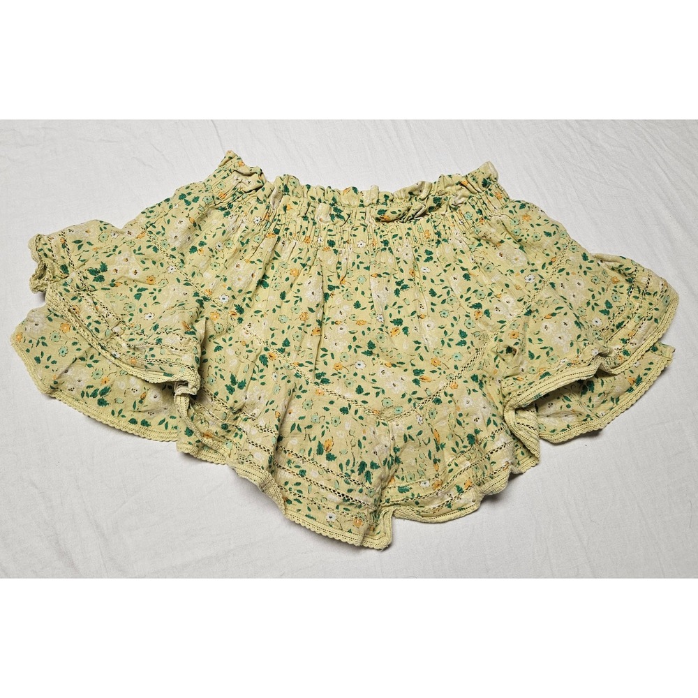 Aerie Ruffle Skort Women M Yellow Floral Smocked Cotton Boho Festival Shorts - Picture 5 of 8